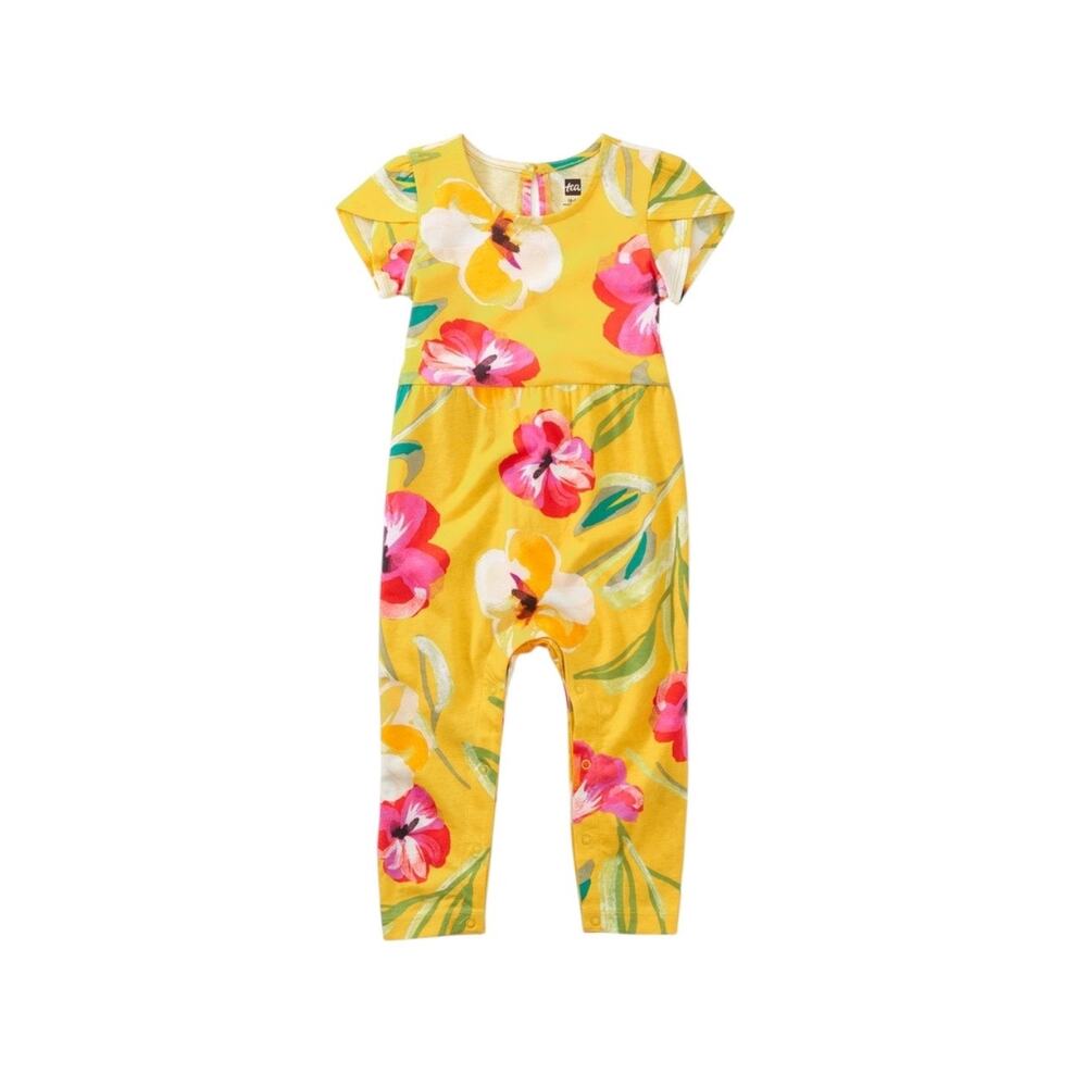NEW Tea Collection Painterly Hibiscus Tulip Sleeve Romper size 0-3 months